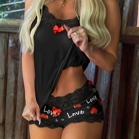 Botique Other - Chic Black Lace Sleepwear Set with Red Accents